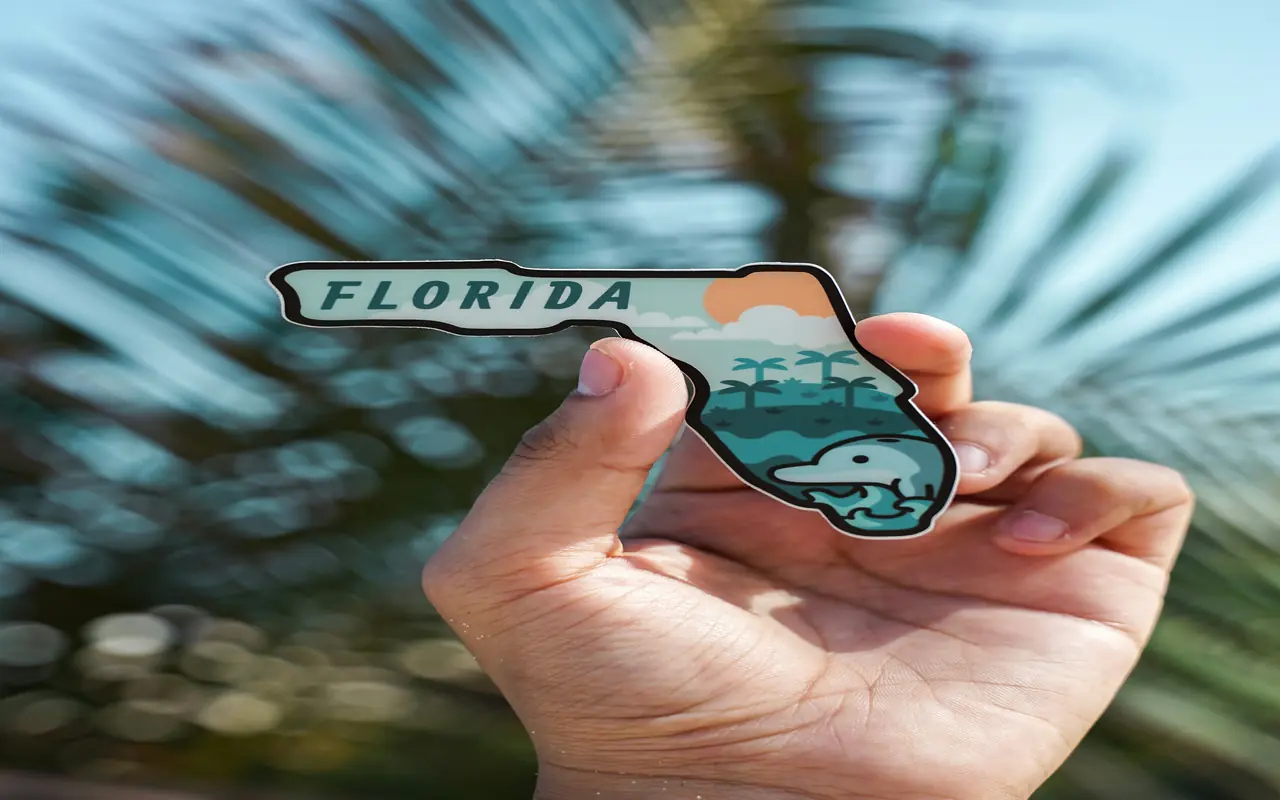 Hand holding a Florida map magnet.